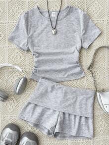 少女两件套针织休闲纯灰色BM风格圆领套头毛衣+灰色短裤套装，基础款、休闲、运动风，适合夏季 - 淺灰色 - 查看 6