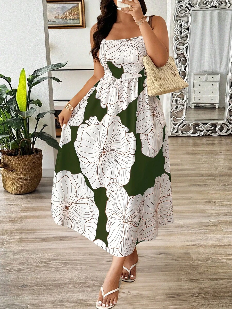 SHEIN Clasi Đầm cỡ lớn không tay, in kỹ thuật số, kiểu dáng thường ngày, phong cách nghỉ dưỡng, in họa tiết ngẫu nhiên. - Nhiều màu - Xem 1