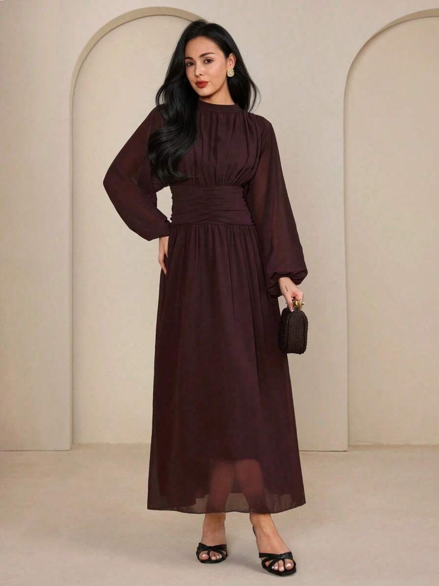 Graceveil 女士高领褶皱喇叭袖连衣裙 - 咖啡 - 查看 1