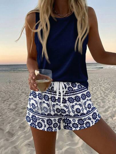 Sylviya 2pcs/Set Women Casual Round Neck Camisole And Shorts Set, Suitable For Summer Women's Short Sets Women's Two Pieces Short Sets Women's Two Pieces Summer Outfits Summer Short Sets Women