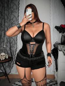 Whyspr Women's Elegant High-End Casual Chic Romantic French Style Black Sexy Knitted Elastic Bodysuit With Mesh Patchwork Design, Waist Slimming, Long Sleeve, Versatile For Work And Daily Wear, Spring/Autumn/Winter - Black - View 3