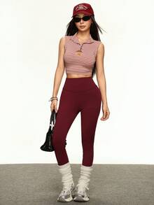 INAWLY Women's Solid Wine Red Casual R Letter & Star Print Leggings - Burgundy - View 6