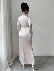 Rafferiza 女士优雅串珠缎带褶皱长裙 - 淺粉色 - 查看 2