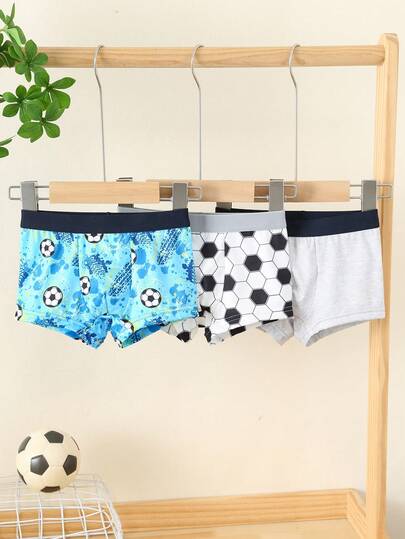 SHEIN 3 st/pack Minimalistiska trosor med kontrastfärg och resår i midjan för pojkar, söta fotbollsmönster