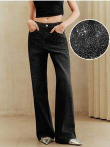Anewsta Women's Elegant Romantic Rhinestone Embellished Black Straight Leg Jeans, Spring/Summer - Black - View 1