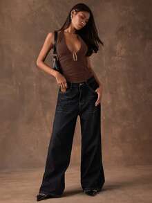 SHEIN BAE Áo hai dây mùa hè gợi cảm dành cho nữ, kiểu dáng tối giản, màu trơn, xếp ly, hở lưng, buộc dây phía trước. - Cà phê nâu - Xem 5