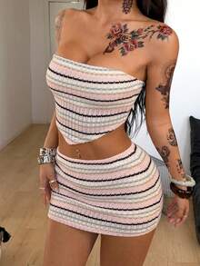 Coolane Women's Spring/Summer Festival Streetwear Western Wear Boho Beach Outfits Y2K Gyaru Cable-Knit Striped Pink Slim Fit Tube Top And Ruffle Skirts  Two Pieces Outfits - Pink - View 6