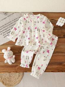 2pcs Baby Girls Long Sleeve Cardigan Top And Pants Homewear Set, Woven Fabric, Cute Rabbit & Bow Pattern - Multicolor - View 5