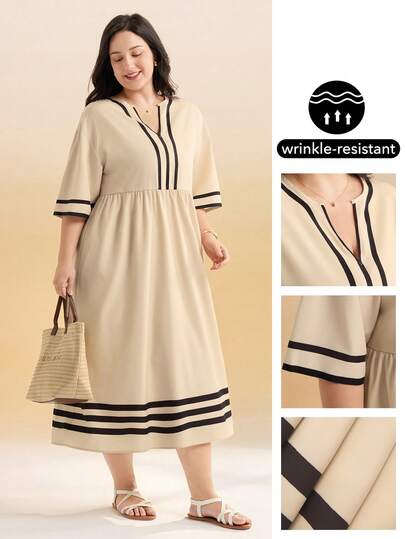 Momelise Plus Size Women V-Neck Loose Dress, Casual For Holiday And Vacation