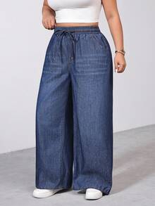 SHEIN PETITE CURVE PETITE Plus Size Summer And Spring Woman's Solid Color Mid-Waist Elastic Waist Drawstring Straight Loose Versatile Denim Jeans - Dark Wash - View 4