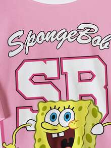 SpongeBob SquarePants | SHEIN Áo thun nam cỡ lớn cổ tròn tay ngắn in chữ và hoạt hình phối màu - trắng - Xem 3