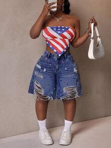 Slaydiva Quần short denim thời trang cỡ lớn, đính đá nhiều màu sắc. - Màu xanh lam - Xem 6