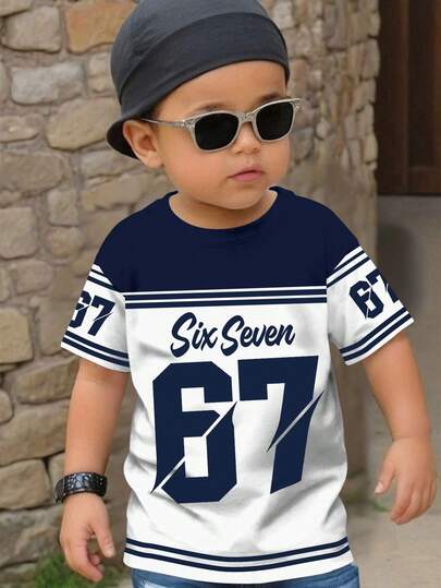 Young Boy Casual Simple Short Sleeve Round Neck T-Shirt, Suitable For Spring & Summer, Classic Cool Slang #67, Classic Cool Sports Element Graphic Print, Six, Seven