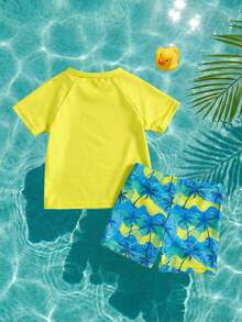SHEIN 2pcs Baby Boy Casual Minimalist Summer Vacation Palm Tree Print Fitted Round Neck Short Sleeve Shorts Swimsuit Set,Suitable For Beach, Pool, Spring/Summer Summer Shorts - Multicolor - View 3