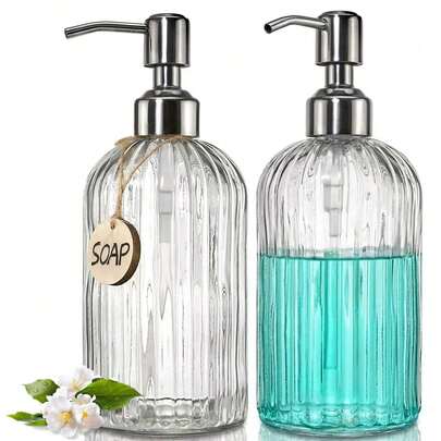 1/2 PCS 18 Oz Glass Soap Dispenser With Pump, Refillable Hand Soap Dispenser With Vertical Stripe, Premium Bathroom Soap Dispenser For Kitchen & Bathroom Kitchen Items Kitchen Accessories Kitchen Tools