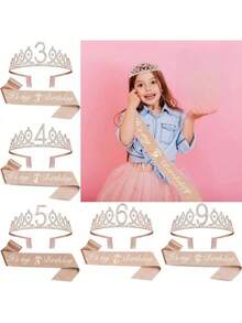 Sparkling Rhinestone Crystal Crown Tiara With Happy Birthday Satin Sash 2PCS Set For Girls 3rd 4th 5th 6th 7th 8th 9th Years Old Birthday Party Decorations, Princess Anniversary Celebration Supplies For Christmas​ - Rose Gold - View 2