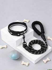 一套可调节长度反光舒适防滑防拉扯防勒颈黑色宠物牵引绳，适用于狗猫散步训练户外宠物用品狗猫配件牵引绳套装 - 黑色 - 查看 6
