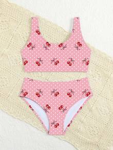 SHEIN Tween Girls' Cherry Polka Dot Print Bikini Set, Beach Vacation Style Kids Bikini Set High Waist Two Piece Tween Vacay Tween Strawberry Swimsuit Strawberry Bathing Suit 13 Year Old Bikini Tween Girl Swimsuit Two Piece