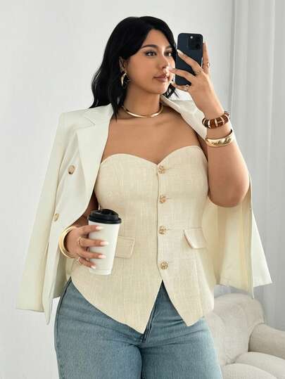 Auralis Plus Size Autumn/Winter New Thick Tweed Strapless Metal Button Decor Tube Top, Suitable For Concerts, Performances, Dates, Formal Dinners, Weddings, Valentine's Day, Parties, Sexy, Commute, Elegant Romantic, Office Diva, Mermaid Style Suit Vest