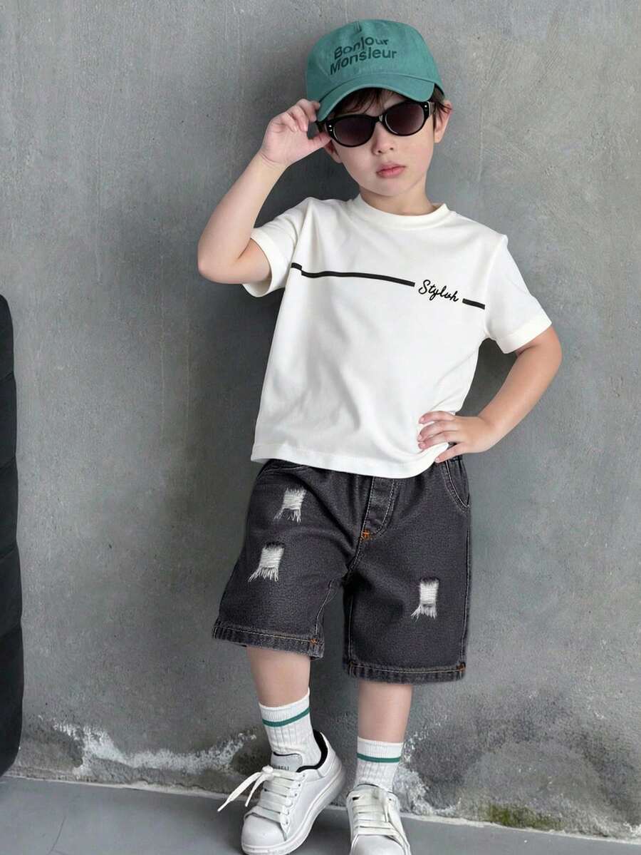 SHEIN 2件套儿童男童休闲百搭舒适印花圆领宽松短袖T恤和牛仔宽松短裤套装 - 黑色 - 查看 1