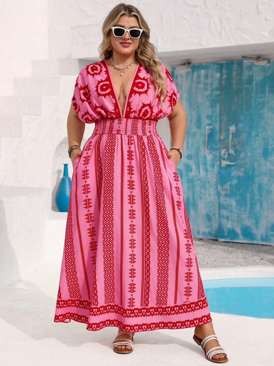 Vivid Eden Plus Size Deep V-Neck Allover Print Casual Vacation Short Sleeve Maxi Dress,Pink Summer Boho Holiday Vacation Holiday Beach Outfits For Women Curve - Pink - View 1