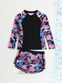 SHEIN 印花运动少女背心式泳装 - 黑色 - 查看 6