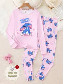 2 件套少女可爱蓝色图案和粉色圆领长袖上衣和紧身裤睡衣套装，柔软有弹性的针织面料 - 彩色 - 查看 3