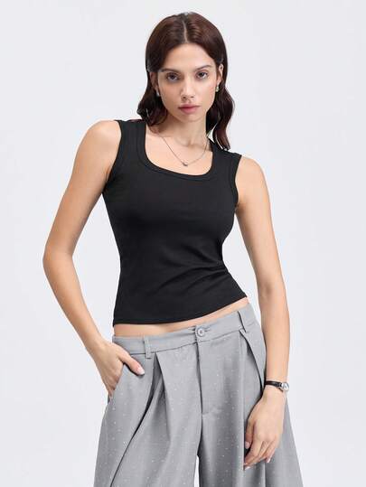 Loungeista 女式罗纹宽肩带背心，简约纯色无袖吊带背心