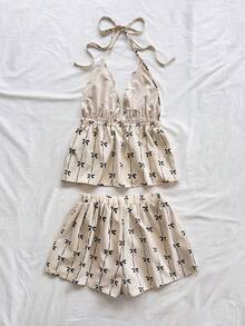 Soleia Bộ đồ thời trang nghỉ dưỡng dành cho nữ, cổ chữ V, buộc dây cổ, họa tiết da báo cổ điển, gồm áo hai dây gợi cảm và quần short siêu ngắn, thích hợp cho hẹn hò, tiệc tùng, dạo phố và kỳ nghỉ. - Nhiều màu - Xem 2