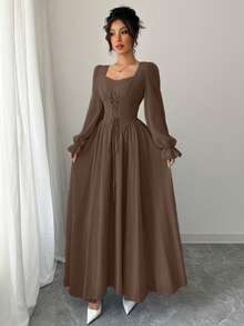 Modelyn Đầm nữ thanh lịch kiểu Pháp cao cấp, cổ khoét hình giọt nước, tay bồng, thắt eo, thích hợp cho mùa xuân/thu. - Rượu sâm banh - Xem 6