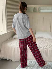 Dazy Kids Teen Girl Solid Color Round Neck Short Sleeve Top And Plaid Wide Leg Pants Casual Loungewear Set Spring Summer - Grey - View 6