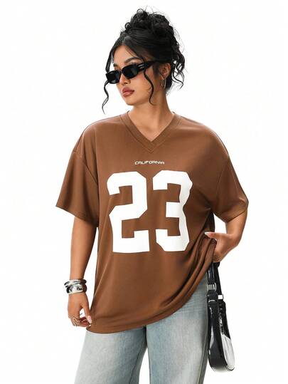 Solavibe 大码女式数字印花V领落肩短袖T恤