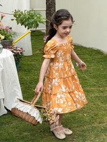 SHEIN LMoss Kids Young Girls' French Elegant Ditsy Floral Puff Sleeve Dress - Multicolor - View 5