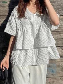 FRIFUL 女士宽松泡泡袖拼接下摆开襟休闲衬衫，夏季 - 白色 - 查看 4