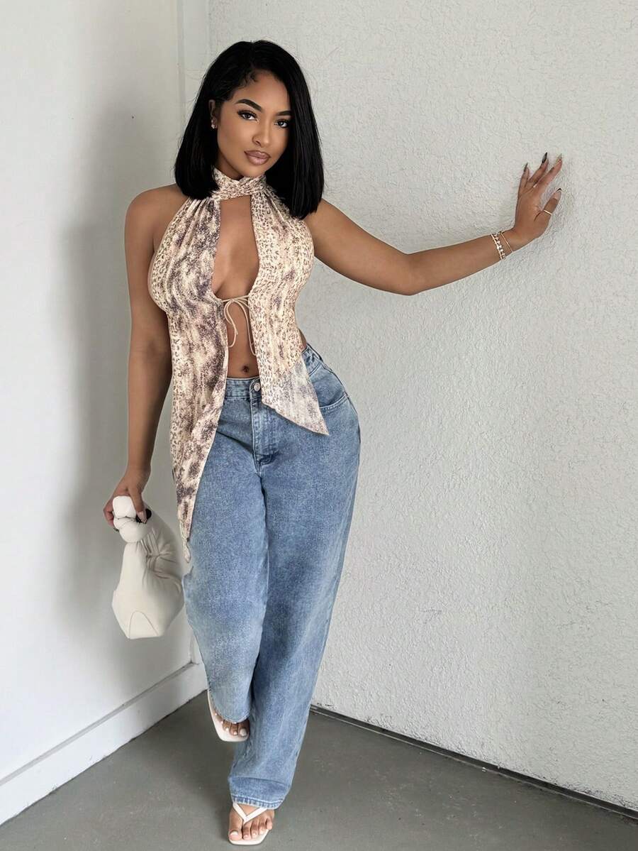 Alexandranx 高领系带动物纹上衣，适合夜店、户外、夜店等场合，性感复古风，夏季度假伊比沙岛海滩装，波西米亚风夏季性感优雅伊比沙岛户外上衣，适合夜店、秋冬季等场合。 - 卡其色 - 查看 1