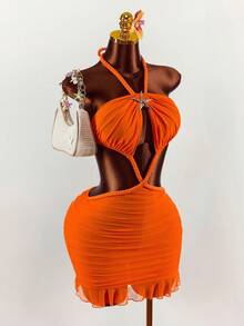 Amplova 女士交叉绑带露背金属配饰网纱拼接迷你连衣裙，性感前卫，适合度假、夏季度假等场合。 - 橘色 - 查看 8