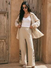Teen Girls Casual Linen Color Wide Leg Pants, Suitable For Vacation & Daily Wear, Versatile - Khaki - View 4