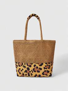 ROMWE Women's Leopard Print Patchwork Bohemian Style Large Capacity Tote Bag - Khaki - View 1