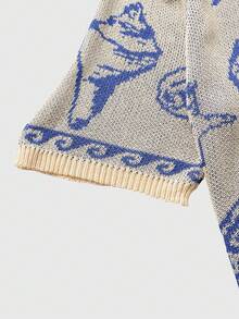 ROMWE MEN 男士休闲度假风贝壳海星图案翻领短袖针织衫，夏季 - 藍色 - 查看 4