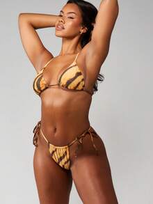 MISSGUIDED Tiger Print Side Tie Triangle Bikini Bottom High Rise Summer Beach Swimwear With Animal Pattern Print Inspired Design - Multicolor - View 1