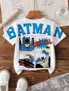 BATMAN X SHEIN Young Boy Casual Cartoon Pattern Round Neck Short Sleeve T-Shirt, Summer - White - View 1