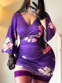 Vibekara Vestido morado con estampado floral ajustado de talla grande - Morado - Ver 2