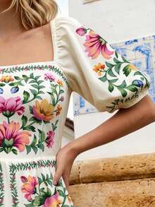 CAJUNI Vestido Casual de Férias Feminino com Estampa Floral Tropical em Amarelo Apricot e Verde, Manga Bufante de Manga Curta, Mini Vestido, Romântico e Natural para Encontros, Festas, Passeios, Festivais de Música - Multicolorido - Visão 5