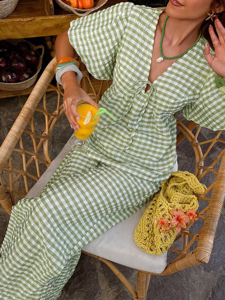 Selianne 2 pièces Ensemble Top avec nœud décoratif col V et pantalon droit pour femmes, convient pour le port quotidien et les vacances - Multicolore - Voir 6