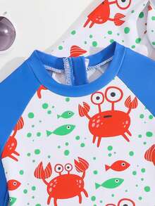 男婴撞色螃蟹印花连体泳衣，随机印花（含帽子） - 彩色 - 查看 6