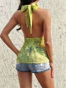 EgrlEra 女士度假吊带系带露肩上衣，夏季收腰性感露肩上衣 - 綠色 - 查看 2