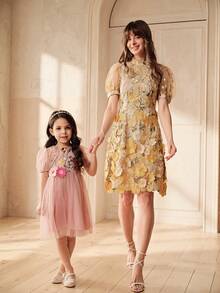 SHEIN 女童3D刺绣薄纱泡泡裙 - 粉色 - 查看 2