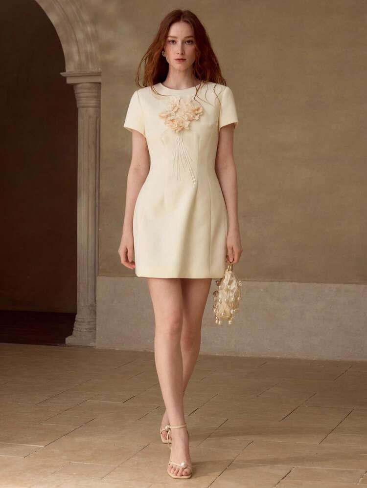 SPRING/SUMMER FLORAL APPLIQUES WAIST CINCHED SHORT DRESS