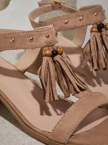 SHUZIA #WideFitChic Women's Block Heel Square Toe Suede Tan Tassel Charm Sandals–Stable Heel & Easy Summer Styling - Mocha Brown - View 4