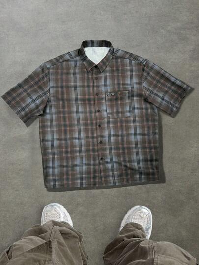 Manfinity Dauomo Herren Retro Lässig kariertes Kurzarm-Hemd mit Knopfleiste, Sommer